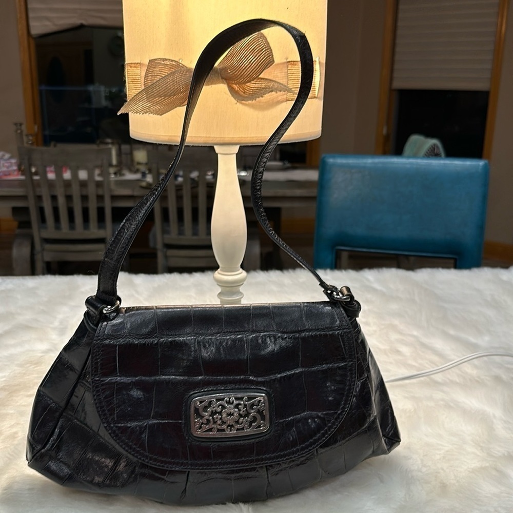 Brighton, vintage, embossed, crock, leather shoulder bag, black